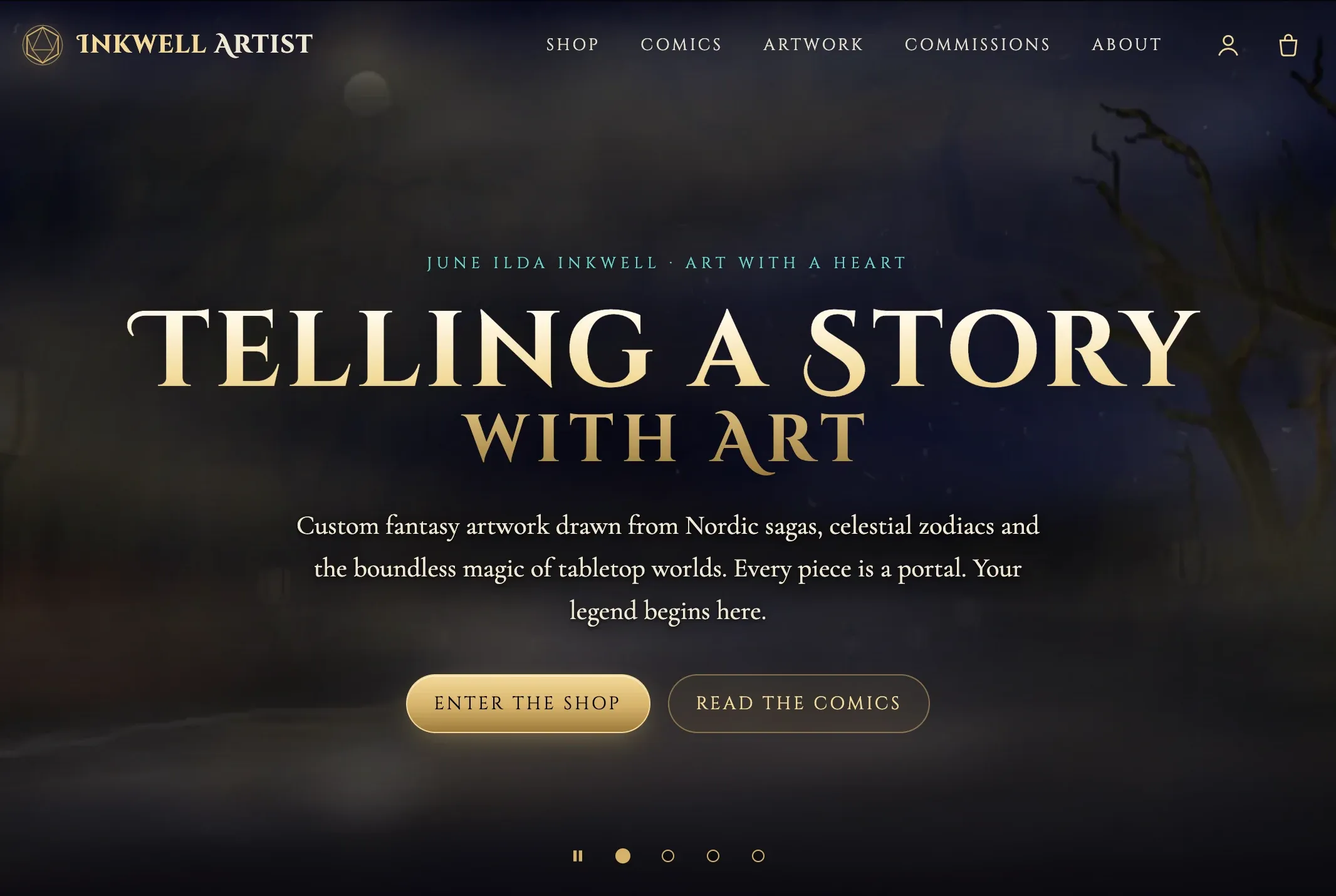 Inkwell Artist homepage — “Telling a story with art” in gold lettering over a moonlit fantasy landscape